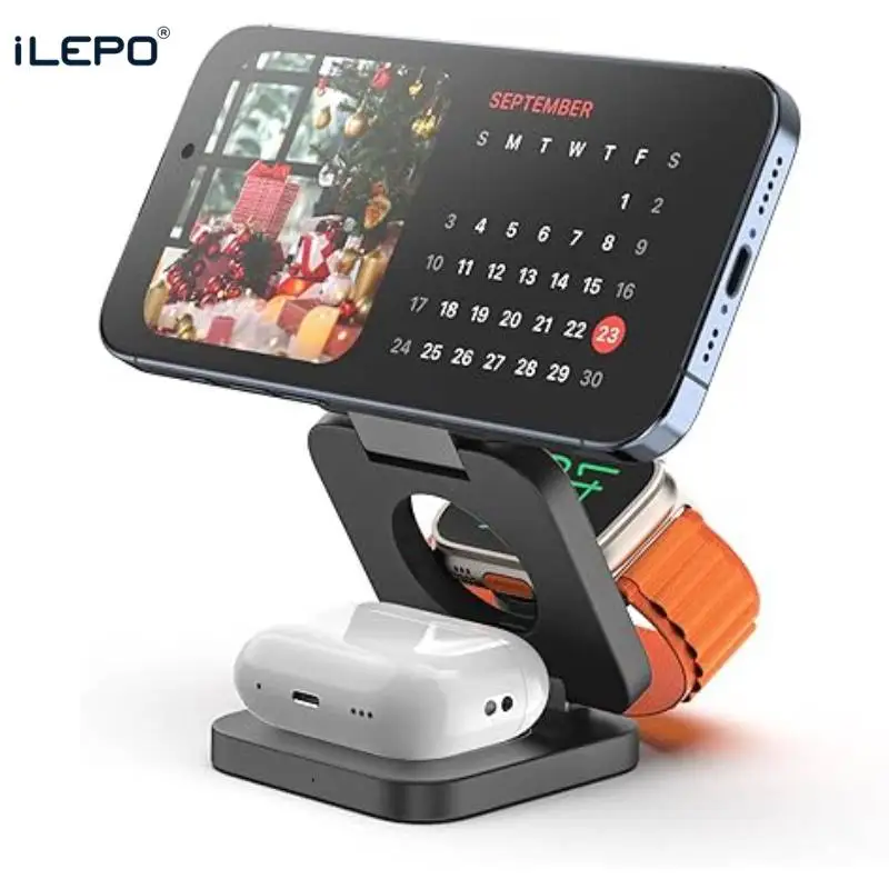 

Складная магнитная подставка для беспроводного зарядного устройства 3 в 1 для iPhone 12, 13, 14, 15, Apple Watch 8 7 Airpods 3 Pro, док-станция для быстрой зарядки