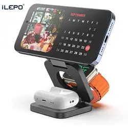 3 in 1 Foldable Magnetic Wireless Charger Stand for iPhone 12 13 14 15 Apple Watch 8 7 Airpods 3 Pro Fast Charging Dock Station