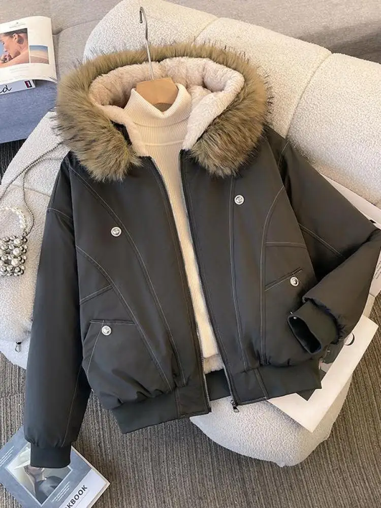 

Korean Version Women Black Fashion Plus Size Hooded Zipper Parka 2025 New Winter Grey Warm Loose Cotton Coat Thick Casual Trendy