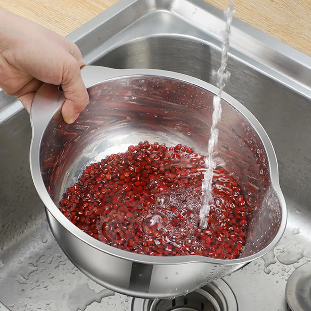 304 Stainless Steel Colander with Side Drainage Holes 3-in-1 Kitchen Strainer Large Capacity Sieve Bowl with Handles