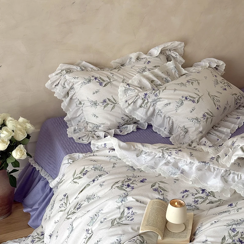 100% Cotton Elegant Flowers Print Lace Ruffles Princess Bedding Set Duvet Cover Quilted Bedspread Bed Skirt Pillowcases 4Pcs