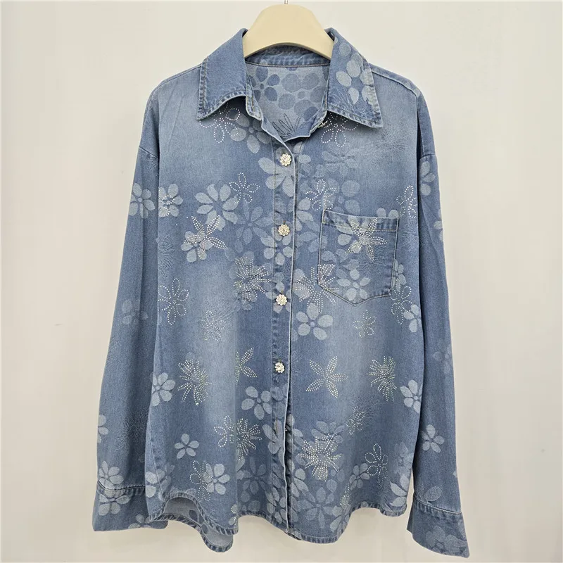 

SuperAen 2026 Весна-Лето: Новая дизайнерская джинсовая рубашка-пальто с бисером, цветочным узором и клеткой, с длинными рукавами, женская, свободного кроя, модная, повседневная, топ