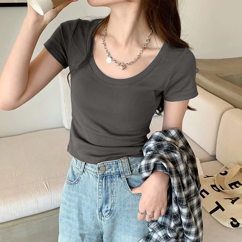 Women\'s Summer New Fashion Korean Ins U Collar Design Short-Sleeved T-Shirt Sexy Slim Dew Navel Short Section Casual Design Tops