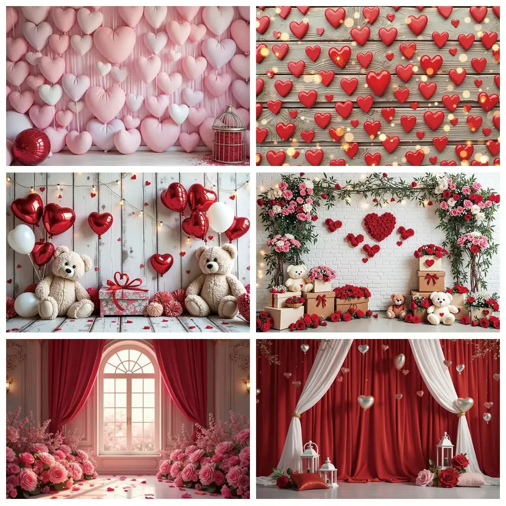 MOON.QG Love Heart Wall Feb-14 Valentine's Day Backdrops Wood Red Flower Rose Backgrounds Photography Women Birthday Decorations