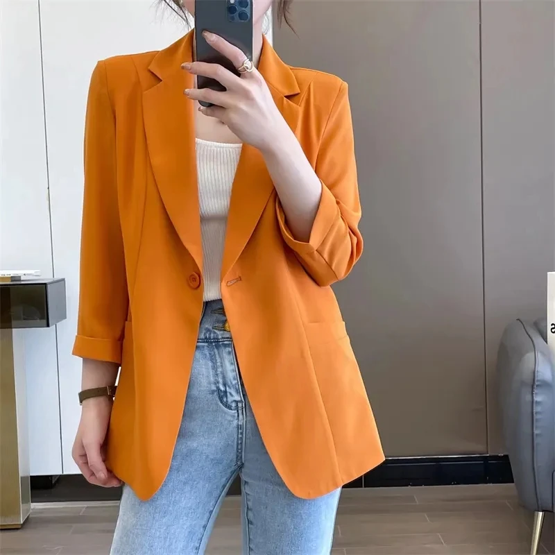 2024 Summer Jackets New Thin Small Suit Lady Chiffon Shirt 3/4 Sleeve Single Button Blazer Women Clothing Female Tops Outerwear