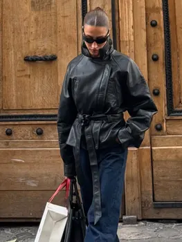 HH Women Fashion Black Short Faux Leather Trench Coat Long Sleeve Lapel Jacket With Belt Vintage Lady Motorcycle Jacket Outwear 2