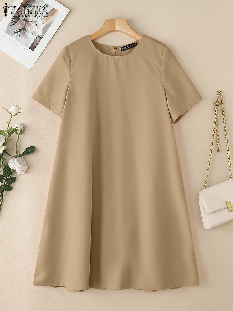 2025 ZANZEA Estate Casual O Collo Manica Corta Vestito Estivo Donna Abito di Colore Solido Elegante Lavoro Abiti Midi Allentato Vestido Sarafans