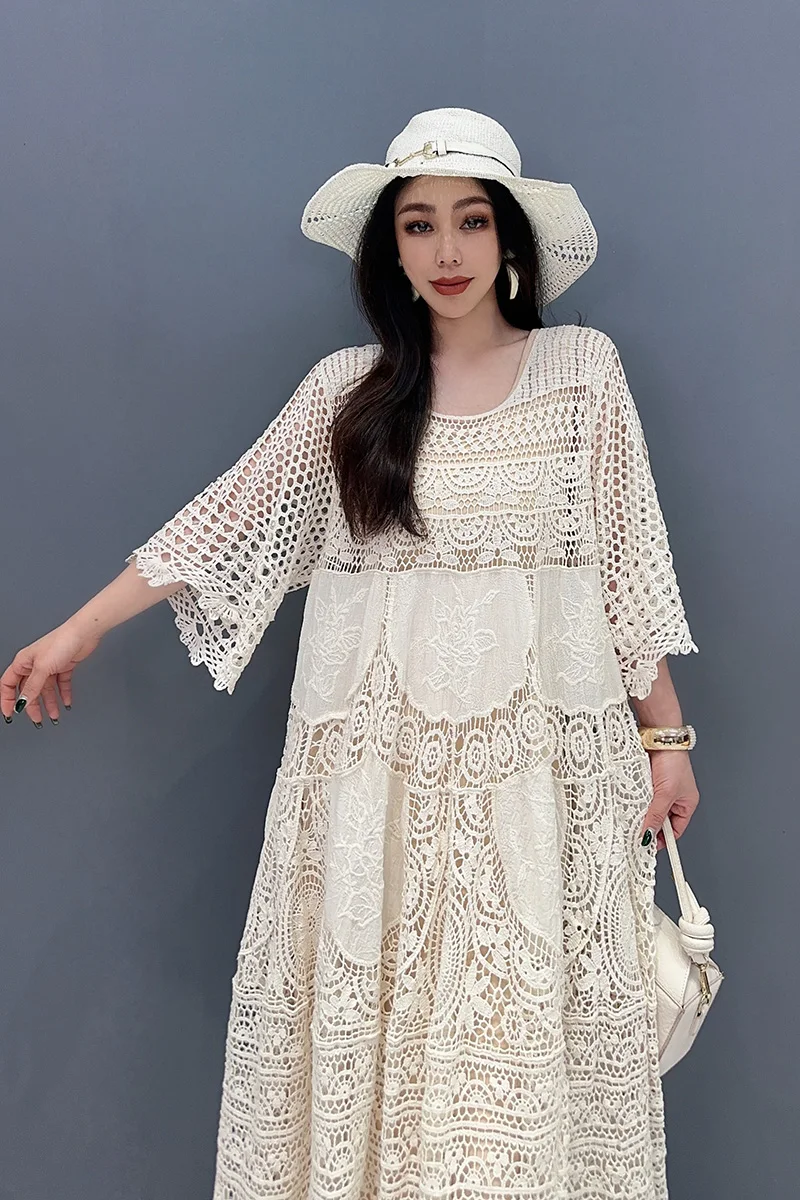 2024 Summer New Lace Dress Mid sleeved Mid length Skirt Hollow out Elegant Ladies Loose fitting Women Dress WXY042