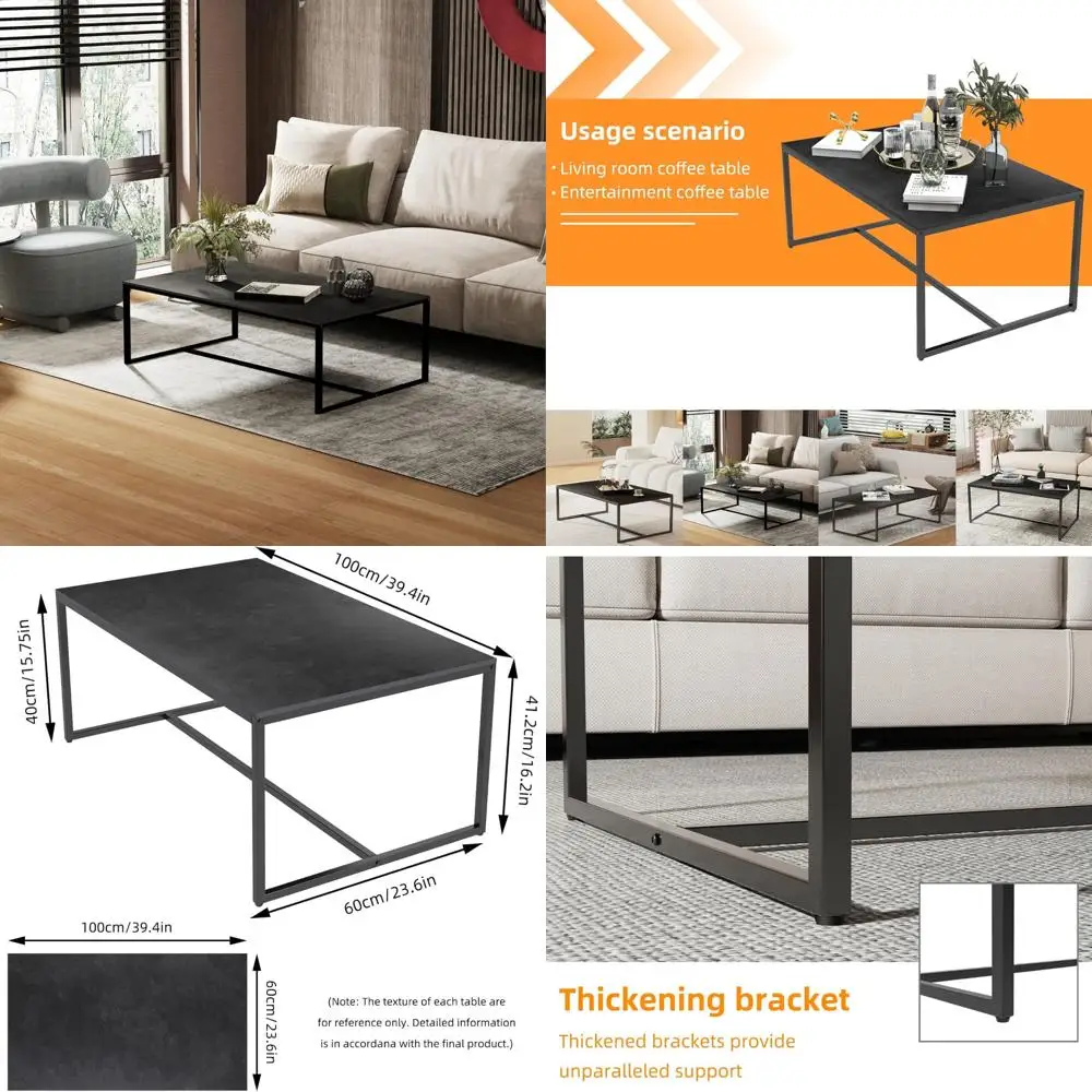 Rectangular Sintered Stone Coffee Table with Black Metal Frame for Living Room - Sleek Black Sofa Centerpiece