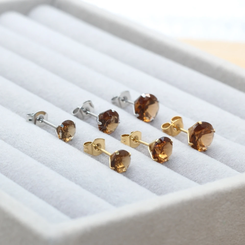 

Size 6 7 8mm Stainless Steel Brown/Coffer Round Zircons Stud Earrings No Fade Allergy Free Brief Jewelry