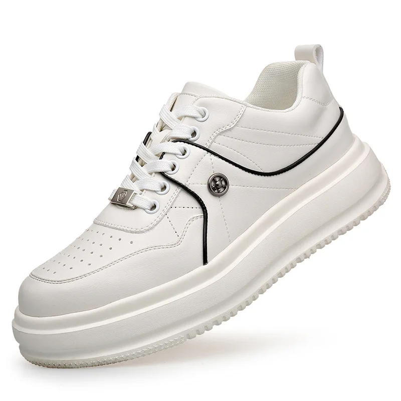 New Lace Designer Platform Board Shoes for Men Solid Color Fashion Casual Leather Sneakers Man Sports Style White Shoes Make
