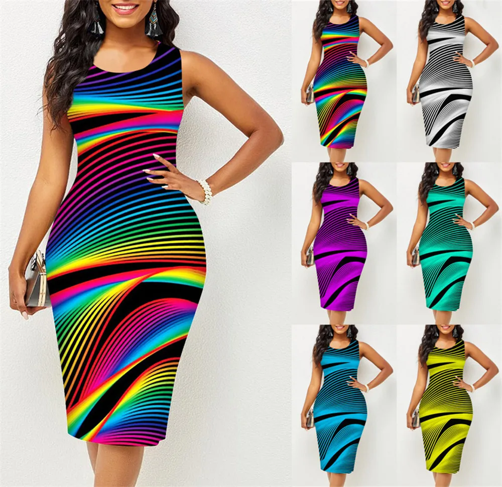 

Elegant Summer Ladies A-Line Dress O-Neck Rainbow Sequin Print Skirt Women Sexy Slim Party Dresses Halloween Purim Day Outfits