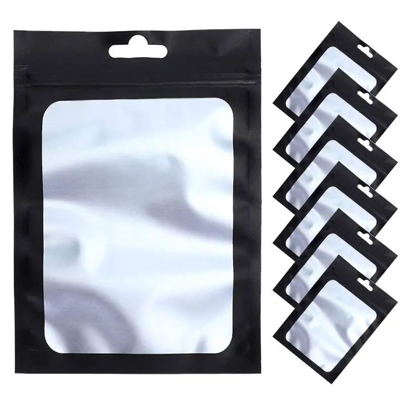 

50pcs Black Foil Bags Mylar Zipper Hang Bag with Clear Window for Jewelry Display Packaging Self Sealing Reusable Foil Pouch