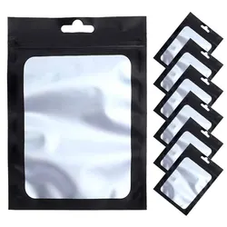 Mylar Zipper Hang Bag com janela clara, auto-selagem reutilizável Foil Pouch, adequado para exibição de jóias embalagens, preto, 50pcs