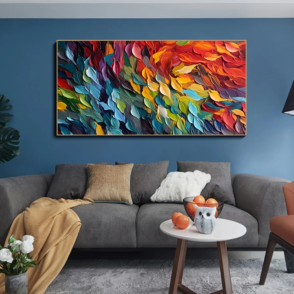 Large abstract colorful feather oil on canvas 23.6*47.2 inches /60*120 cm - frameless modern art living room wall decoration