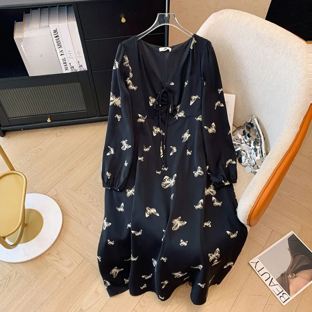Extra Large Women's Chubby Girl Butterfly Printed Chiffon Deep V-Neck Long Sleeve Dress for Spring And Autumn High-End Feel