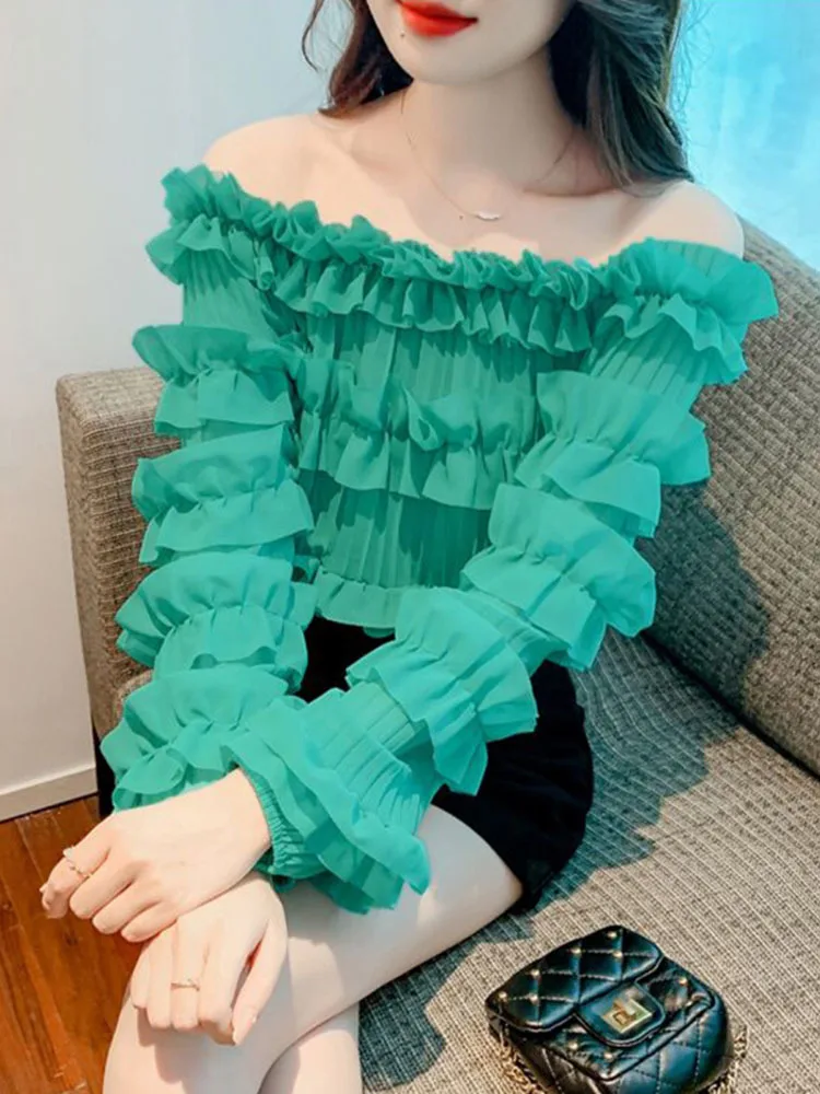 Korean Chic Sweet Sexy Off Shoulder Chiffon Short Blouse Women's Slash Neck Elegant Layered  Ruffles Cake Puffy Shirt Crop Top