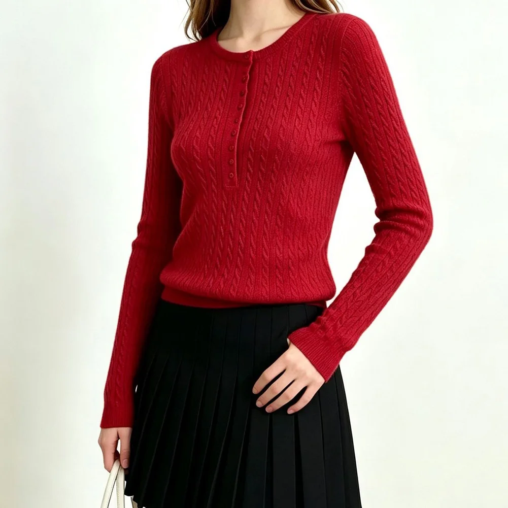 Women's Long Sleeve Fitted Knit for top Cable Pattern Henley Neck Polyester Fabric for Summer Beach Vacation Cycling