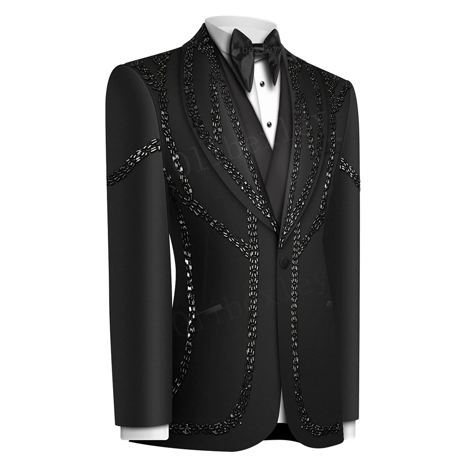 B41 Luxury Black Crystals Men Suits Set 2 Piece Blazer Pants Prom Groom Wedding Tuxedo Formal Office Custom Made Jacket Suits