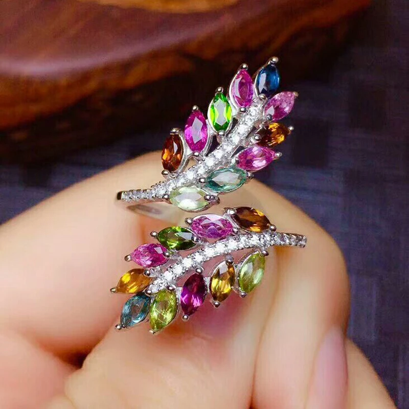 

MeiBaPJ Natural Tourmaline Gemstone Fashion Colorful Stone Feather Ring for Women Real 925 Sterling Silver Charm Fine Jewelry