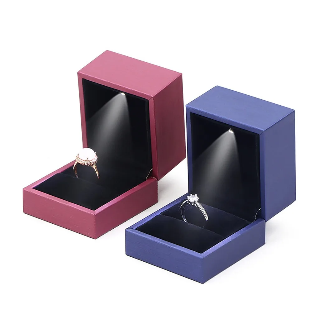 Luxury LED Light Proposal Engagement Ring Box Square Glitter Brushed PU Leather Wedding Anniversary Rings Display Storage Case