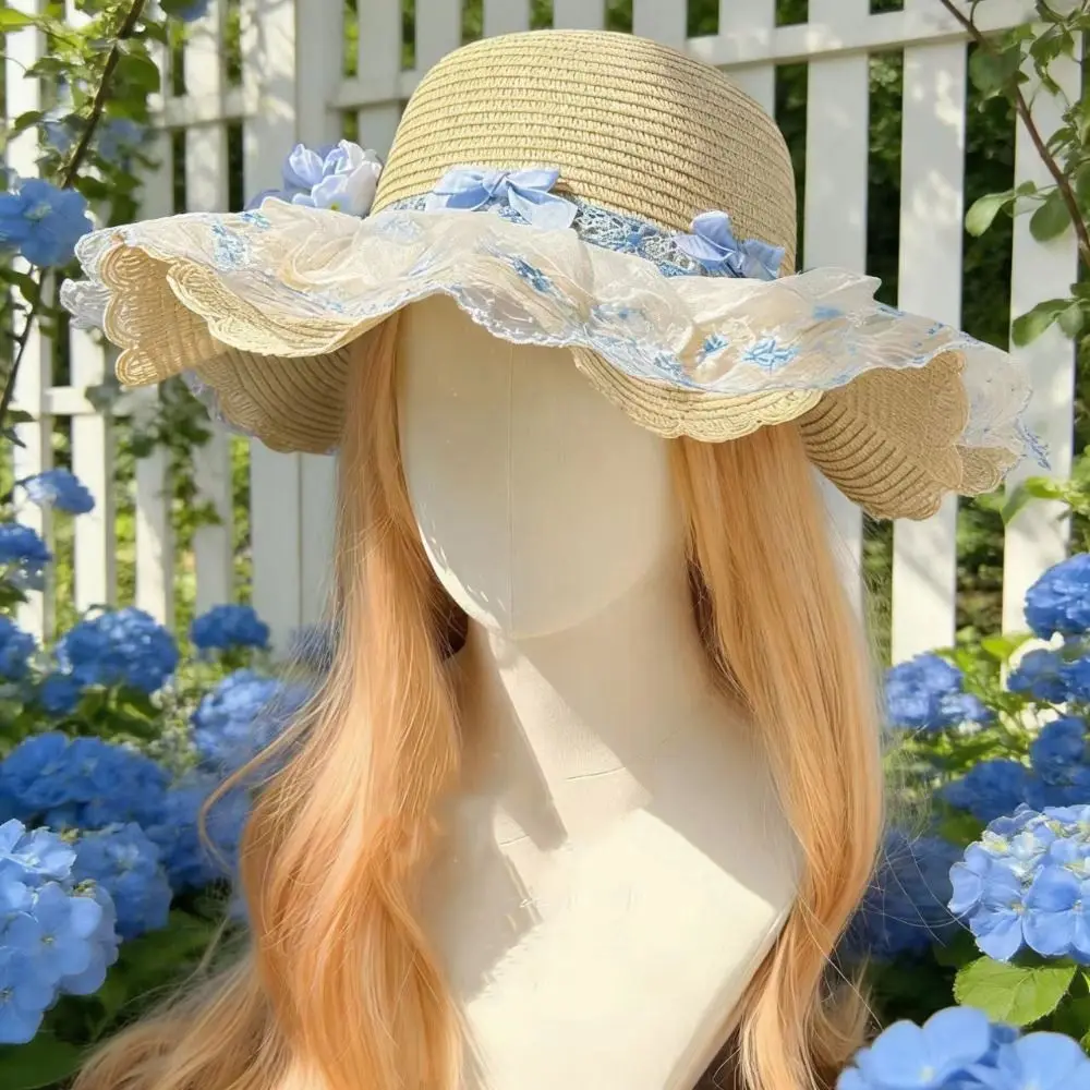 

Floral Design Woman's Straw Hat Breathable Elegant Sun Protection Cap Wide Brim Sweet Lace Brim Sunshade Cap Beach Holiday