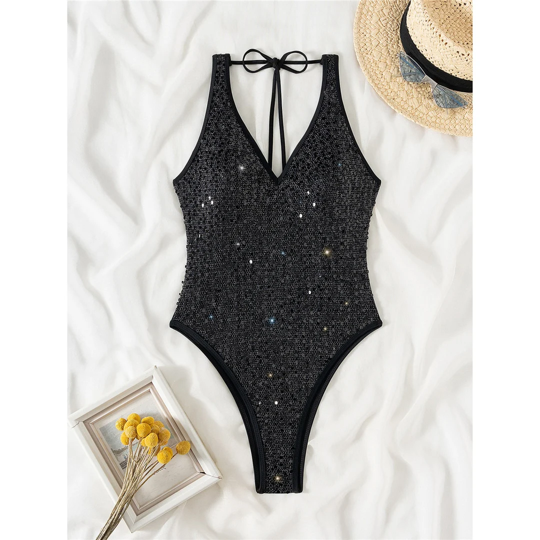 Sexy glitzernder Pailletten-Badeanzug mit V-Ausschnitt und offenem Rücken, einteiliger Badeanzug für Damen, Monokini, hoch geschnittener Badeanzug, Badebekleidung, Modell V6425 – Detail 11