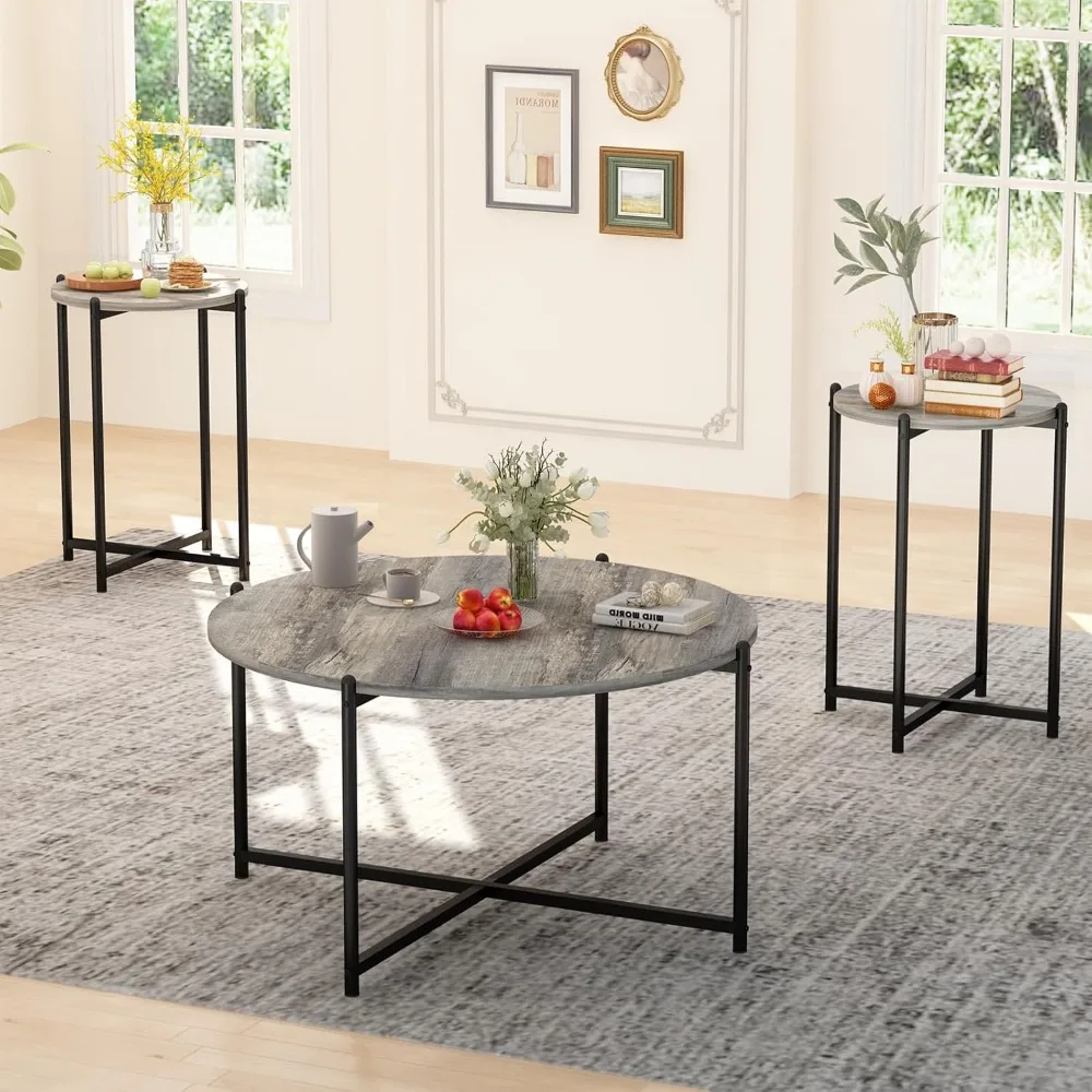 Modern Faux Marble Coffee Table Set with Golden Frame, Including 1 Large and 2 Small Tables for Living Room Decor
