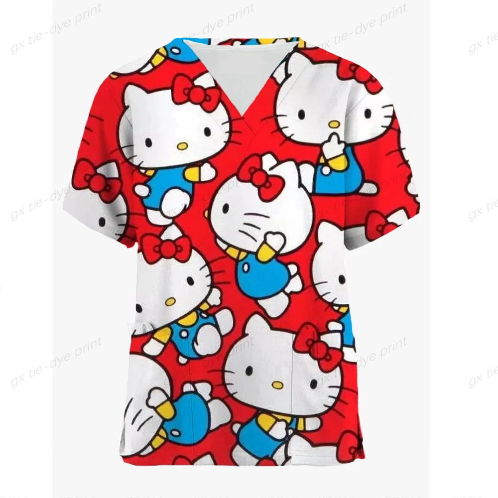 Womens Nursing Clothing Hello Kitty Print T-Shirt Nursing Scrubs Tops Casual Short Sleeve V-neck Pocket Women Scrubs Uniform