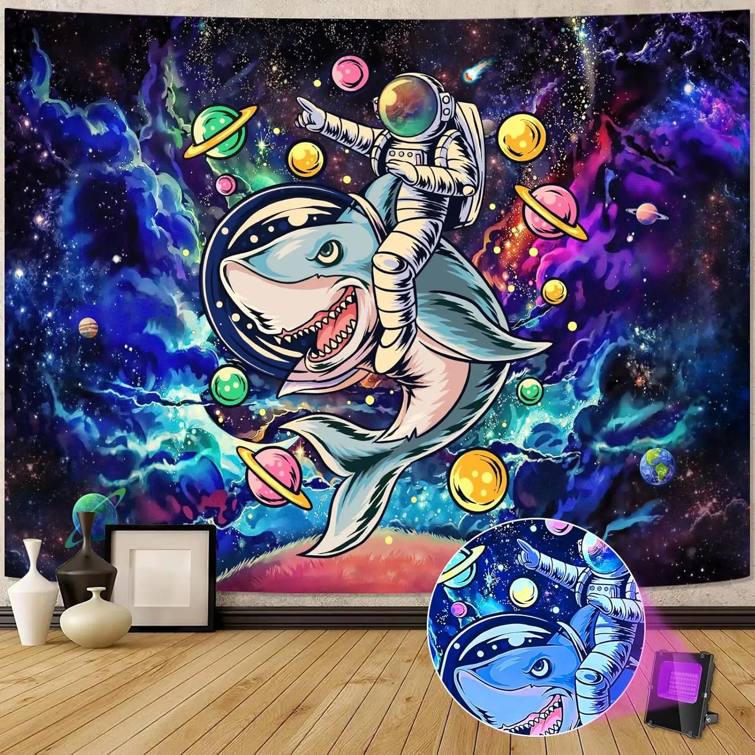 Funny Space Astronaut Shark Tapestry, Blacklight Trippy Galaxy Universe Planets Cool Tapestries for Teens Boys College Dorm