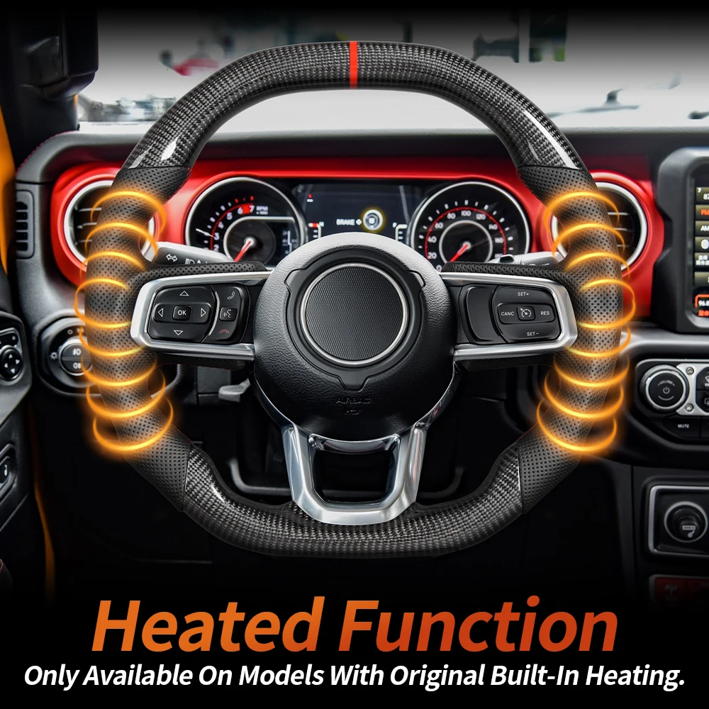 Real Carbon Fiber Steering Wheel With Heated Function Red Top Stripe Fit For Jeep Wrangler JL Gladiator 2018-2021 Car Accessories