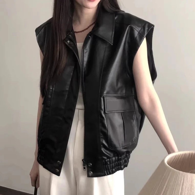Autumn Vintage Lapel Casual Long Sleeved PU Leather Jcket Vest Women