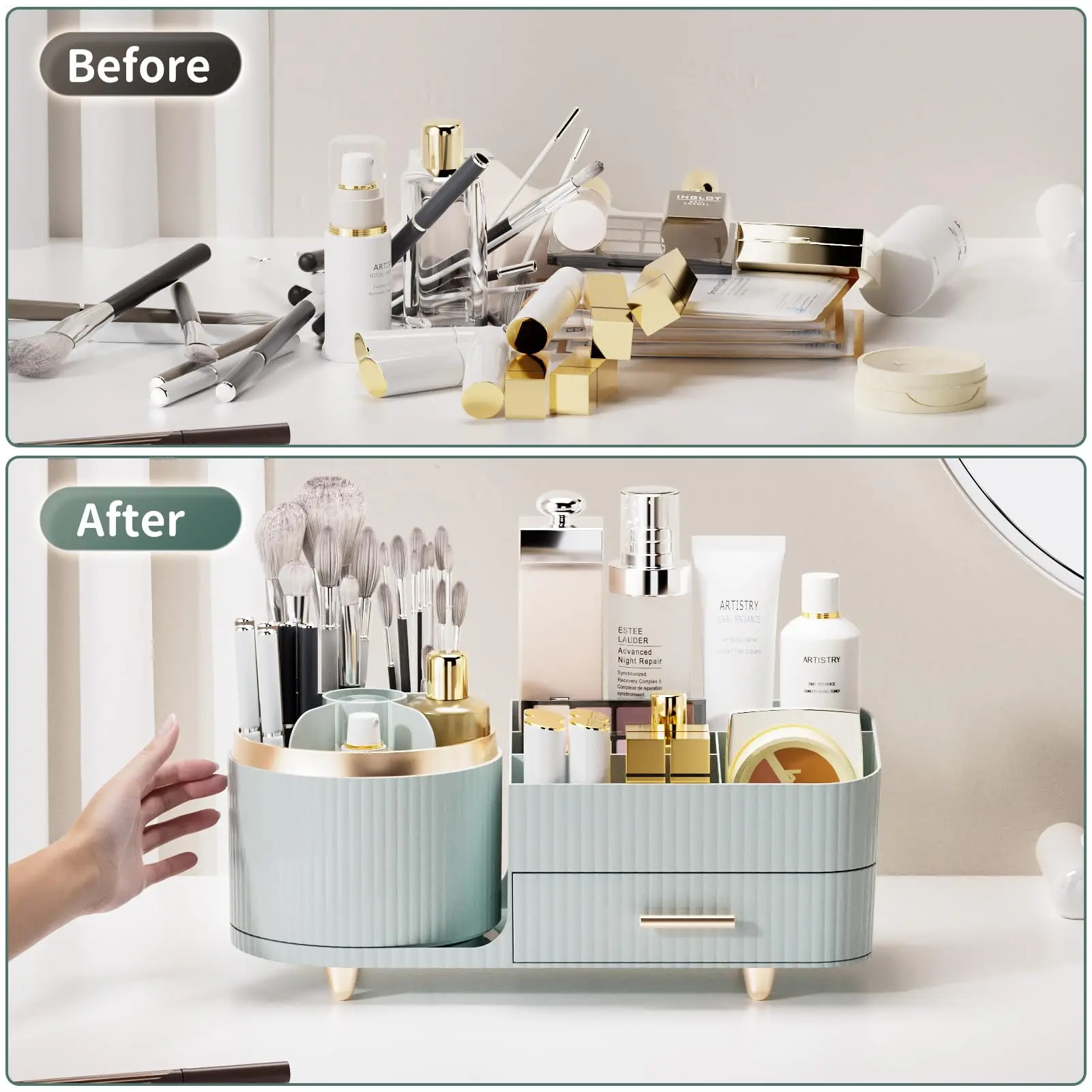 Makeup Organizer Countertop with Drawers 360 Rotating Makeup Brush Holder Large Capacity Skincare Organizer for Vanity Desk