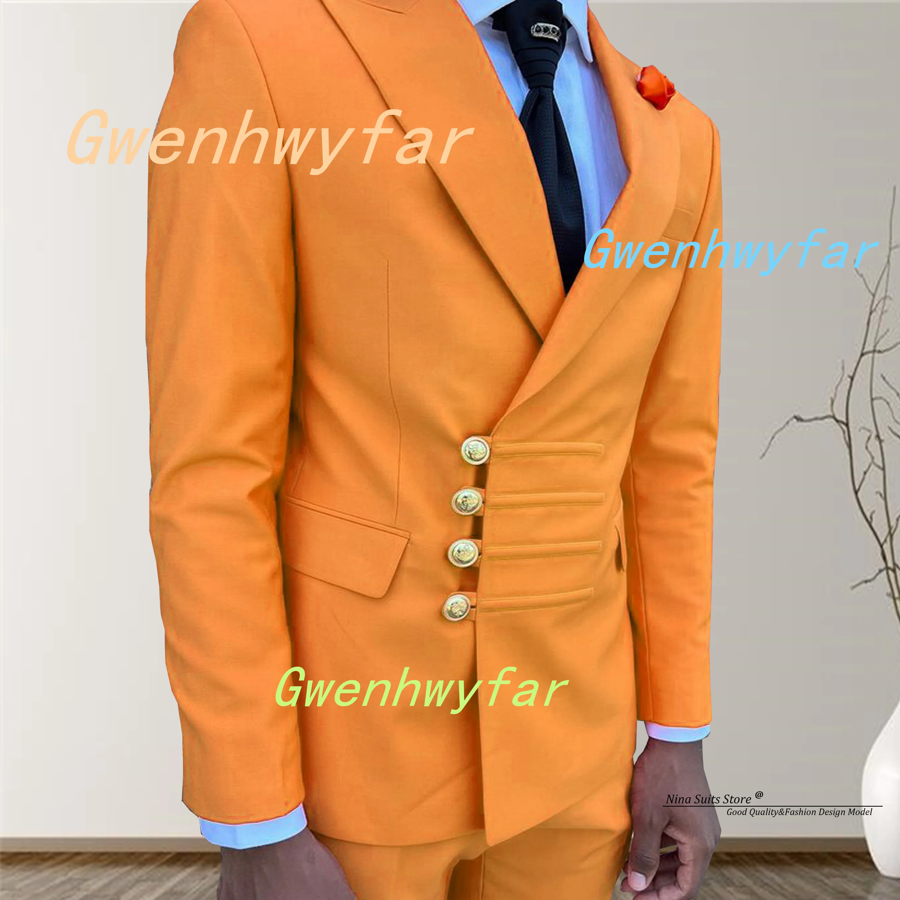 

Gwenhwyfar Orange Suits for Men 2025 Popular Peak Lapel Wedding Party Tuxedos Peak Lapel Blazer with 4 Striped Line Buttoned