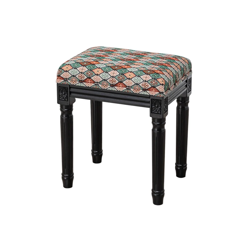 

American all-solid wood soft bag makeup stool black retro dressing leather dining stool bedroom home fabric engraved stool