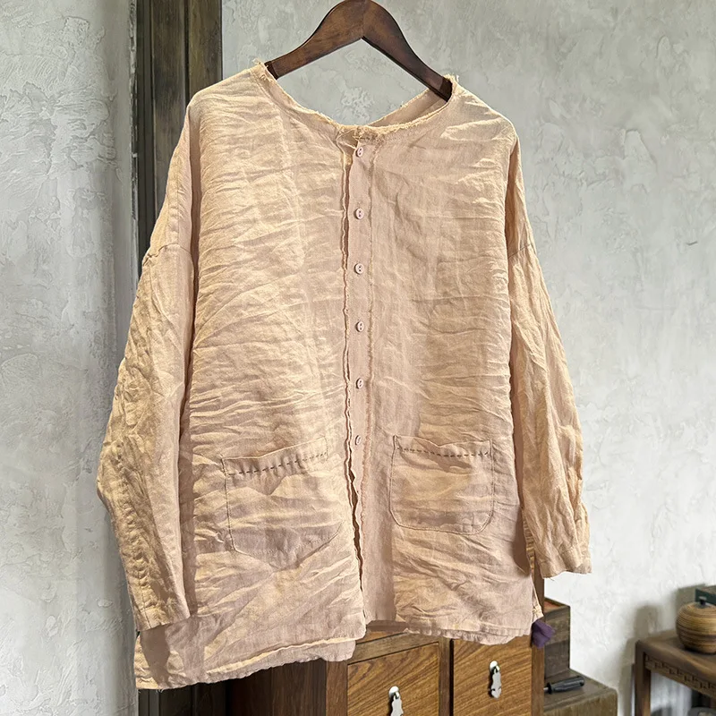 

Women Ramie Casual Shirt New Arrival Single Button 2025 Spring Summer Vintage Cardigans Ladies O-neck Loose Female Top Coat