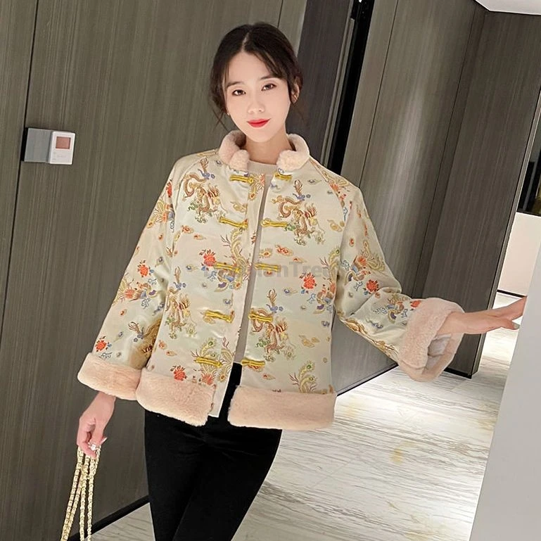 

2025 атласное пальто с вышивкой дракона и феникса, ханьфу, пэчворк, модное китайское зимнее пальто, утепленный теплый хлопковый костюм Тан, топ