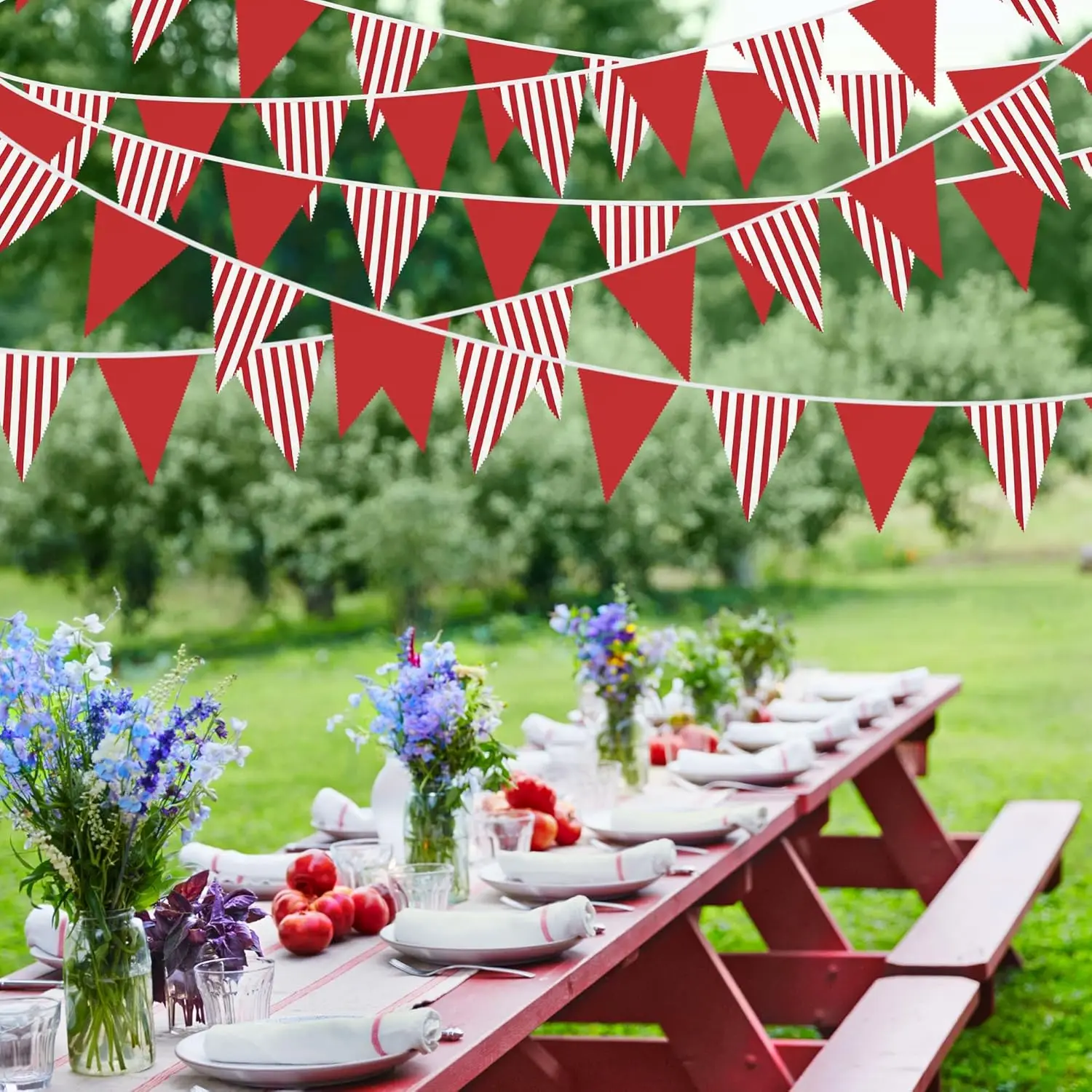 10M Red and White Banner Triangle Flag Bunting Garland Streamer for Carnival Circus Kids Birthday Wedding Outdoor Garden Hanging