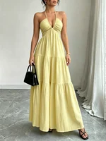 Women Halter Maxi Dress Neck Tiered Gathered Bust Textured Empire Waist Dresses Casual Boho Summer Date Vacation Beach Dress - Image 5