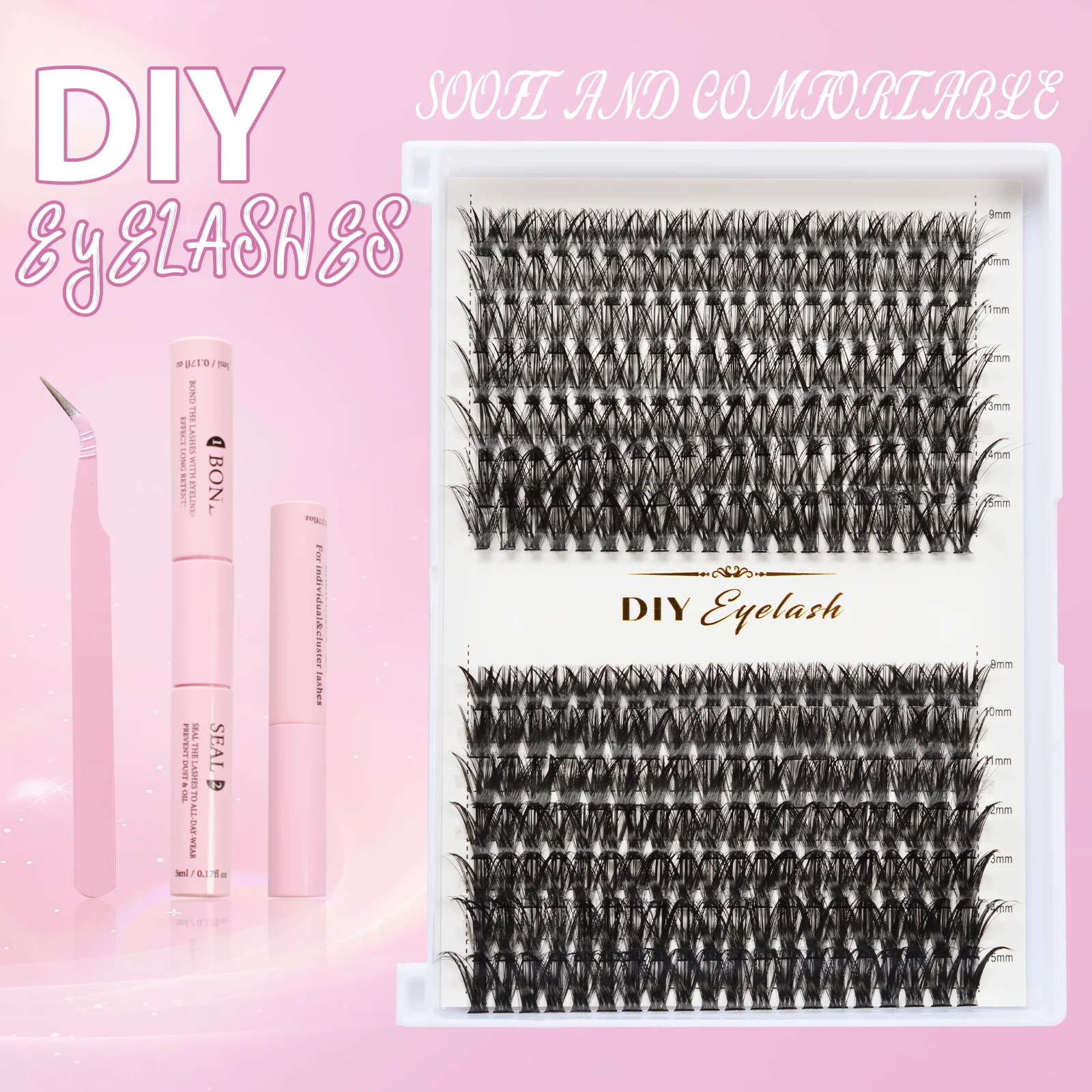 14 Reihen Mix Cluster Wimpern mit Bindung und Pinzette Make-up-Tools DIY Wimpernverlängerungsset für Wimpern Wasserdichtes Wimpernset dick
