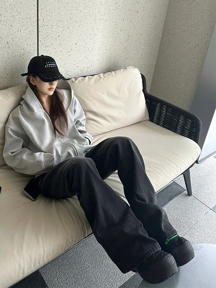 

High Waist Wide Leg Jeans plus Size Black Grey Women's Loose Long Trousers Spring Autumn Vintage American Style