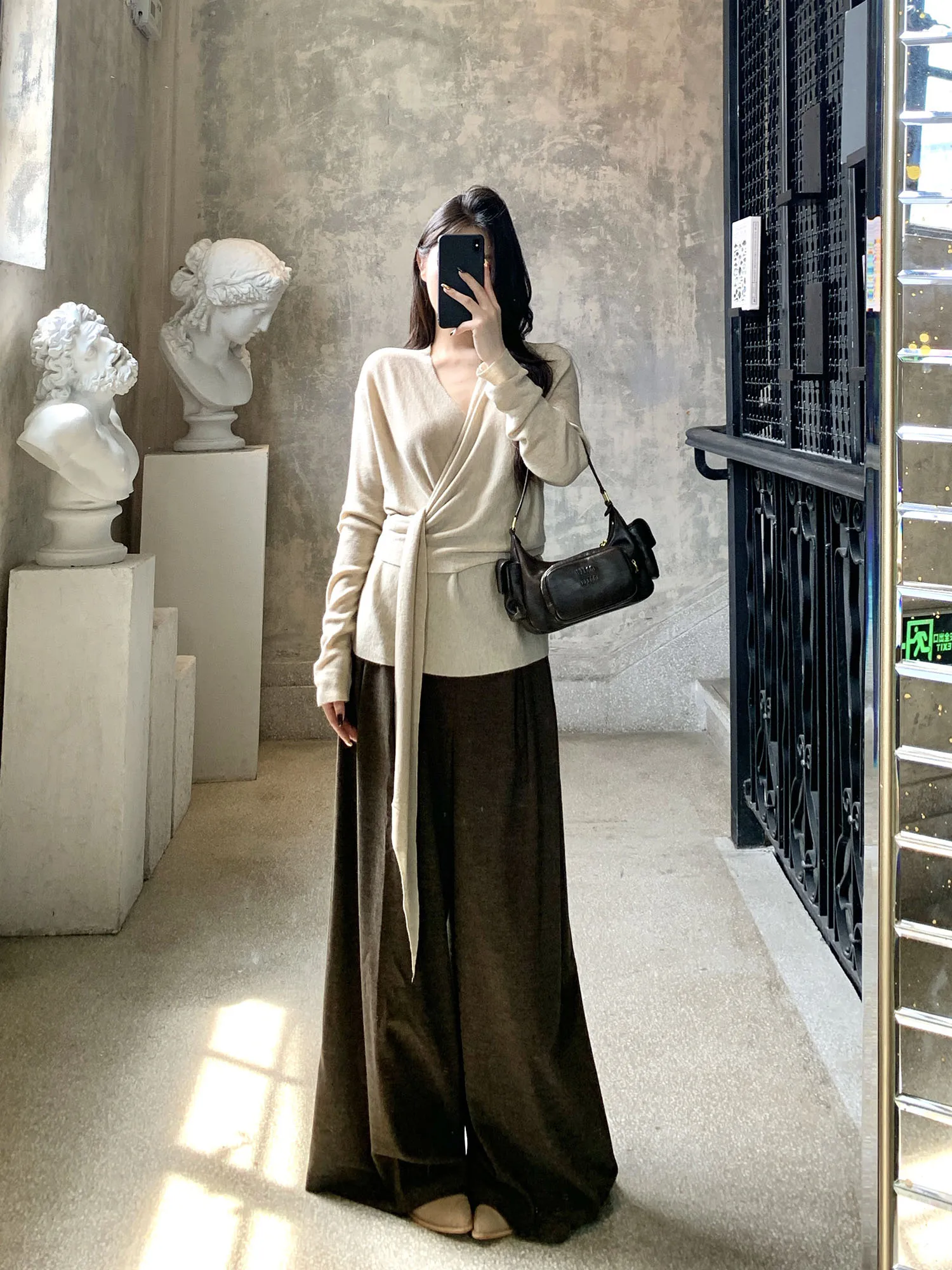 

ay Woolen Knitted Sweater with Belt Design for Women Early Autumn Casual Sle Korean Lazy Faion Slimming Top