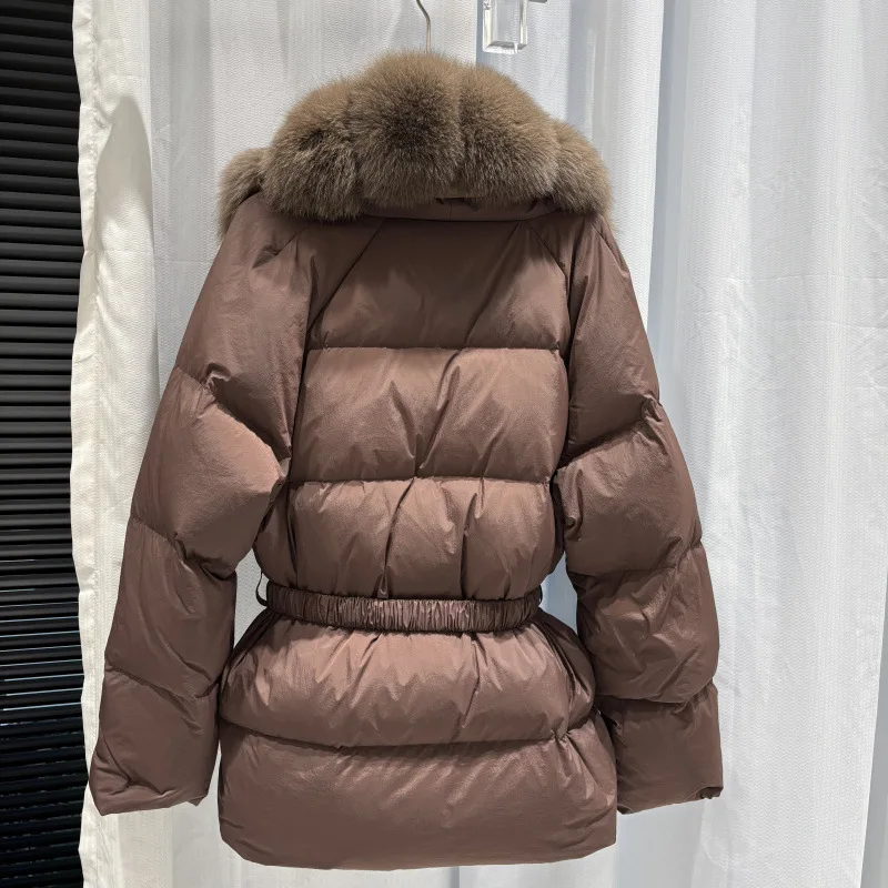 الفاخرة الثعلب الفراء طوق الشتاء الدافئة أسفل سترة المرأة فضفاضة حزام الفراء أسفل معطف قصير سترة منفوخة الأبيض بطة أسفل أعلى