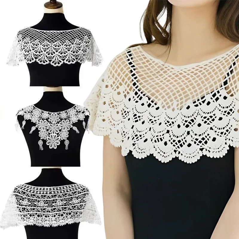 Hollow Crochet Lace False Collar Cape Shell Pattern Pullover Shawl Wrap Tassels Decor Summer Dress Cape Fashion Accessories