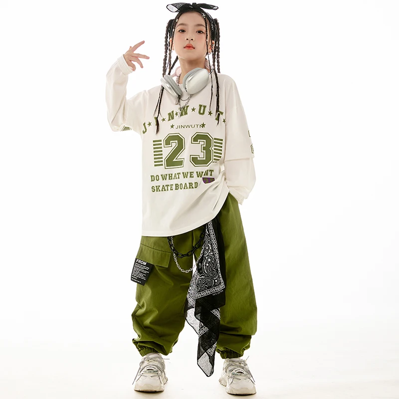 Hip Hop Dance Clothes For Girls Jazz Practice Wear White Long Sleeves Tops Green Pants Boys Teenagers Casual Clothing BL11644