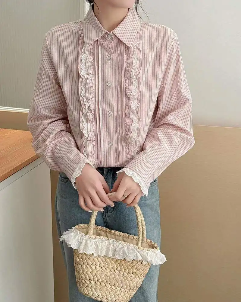 قميص قطني جديد لخريف 2025 بأكمام طويلة ، بلوزة نسائية مخططة بياقة مقلوبة ، بلوزة فضفاضة حلوة للتنقل من Mori Girl T59876CC #5