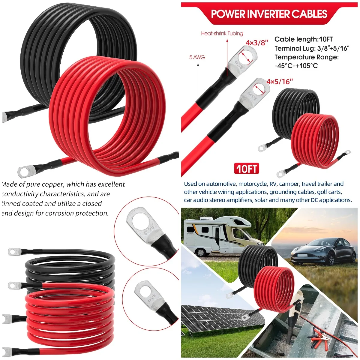 

Аккумуляторные кабели 5 AWG длиной 10 футов с наконечниками 3/8 футов и 5/16 дюймов, 2 шт. для солнечной морской лодки, автомобиля, внедорожника, грузовика