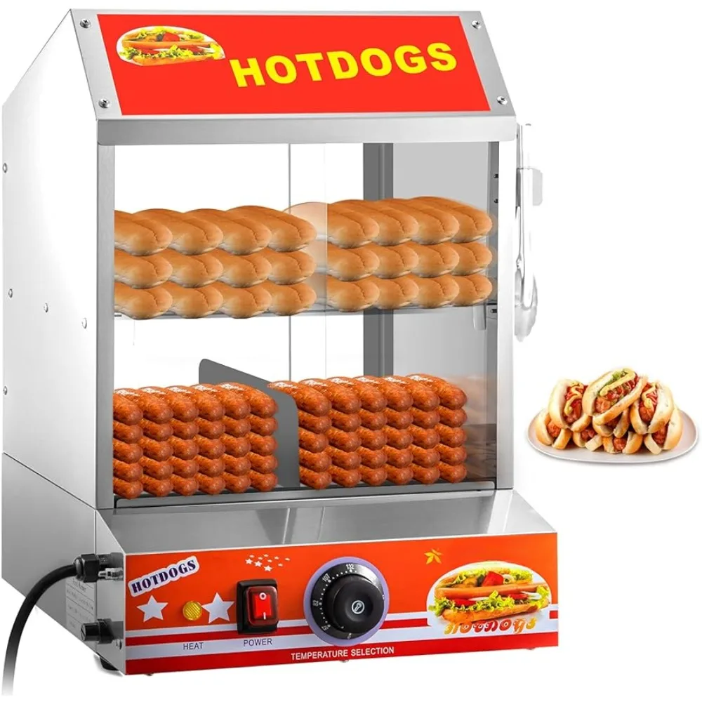 Cuiseur à vapeur de cabine à 2 étages avec porte marketen verre trempé pour hot-dog, capable de contenir 175 hot-dogs et 40 pains