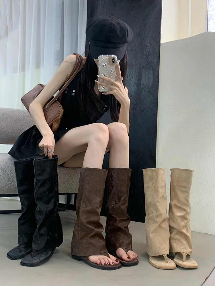 

Women's Hollow out Summer Booties Velvet Tongue Mid-Calf Boots Increased Height Faion Boots Korean Sle Flat Heel Boots