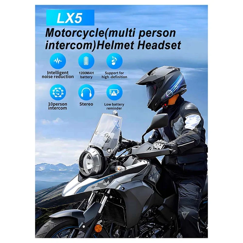 LX5 Motorcycle Helmet Headphones Mesh Intercom For 10 Riders 2000M Hands-Free Speaker, Bluetooth 5.3 Waterproof